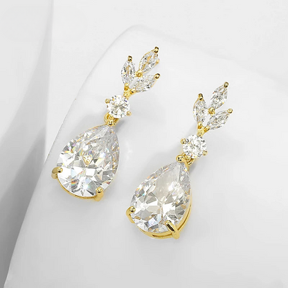 a pair of earrings with a pear shaped diamond