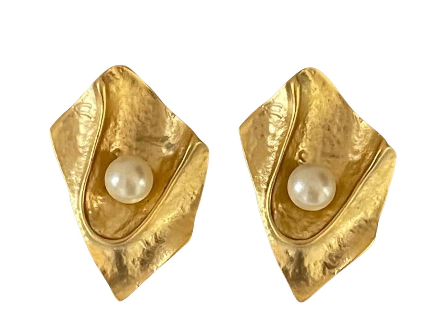 a pair of gold earrings with a pearl