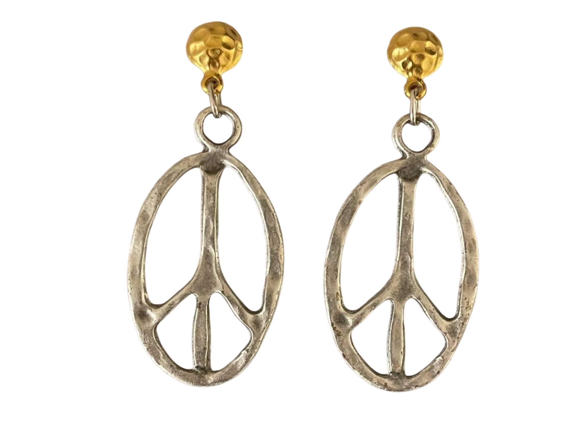 a pair of earrings with a peace sign on it