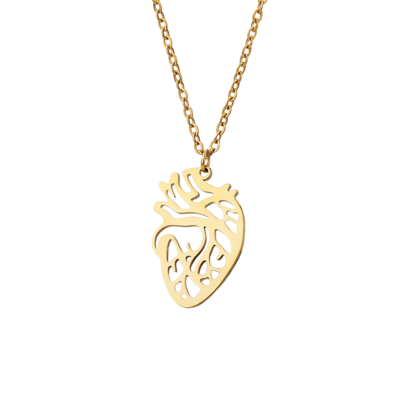 a gold necklace with a heart on it