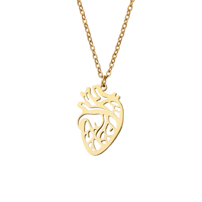 a gold necklace with a heart on it