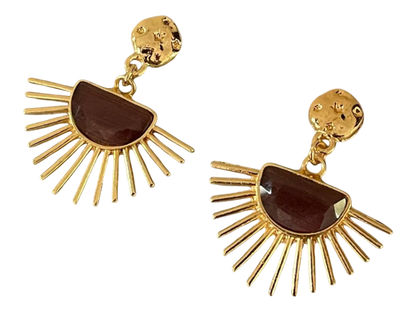 a pair of gold earrings with a brown stone