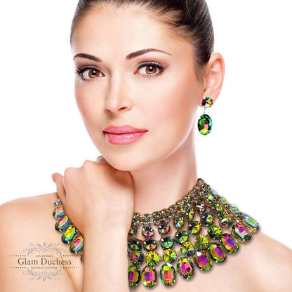 a woman wearing a colorful necklace and earrings