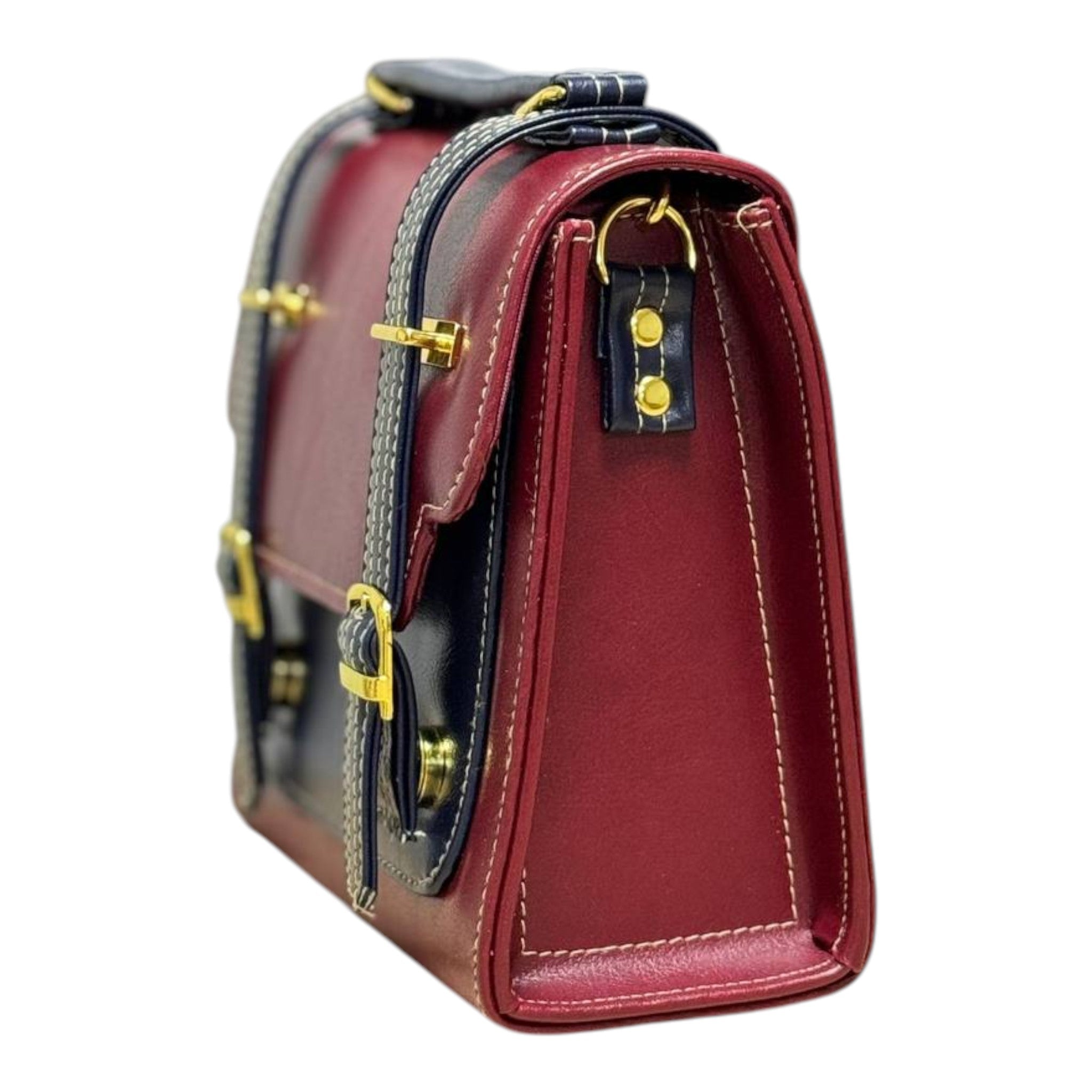 Handmade French Vegan Leather Backpack – Burgundy & Black with Gold Hardware (21x 20×10 cm)