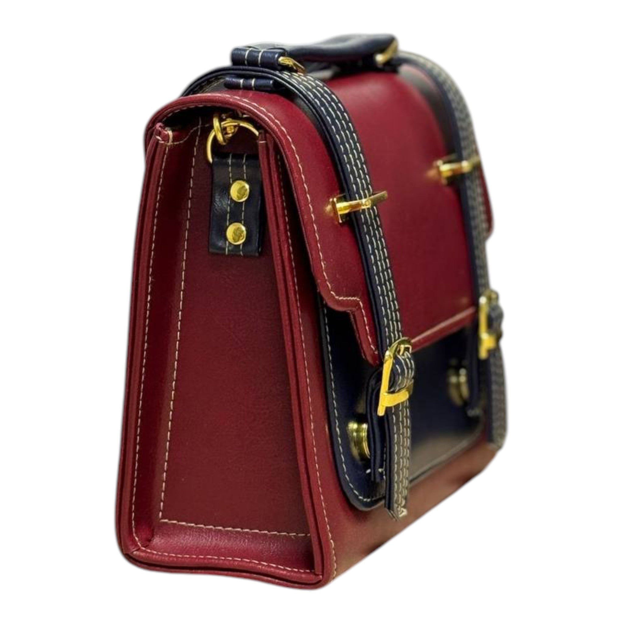 Handmade French Vegan Leather Backpack – Burgundy & Black with Gold Hardware (21x 20×10 cm)