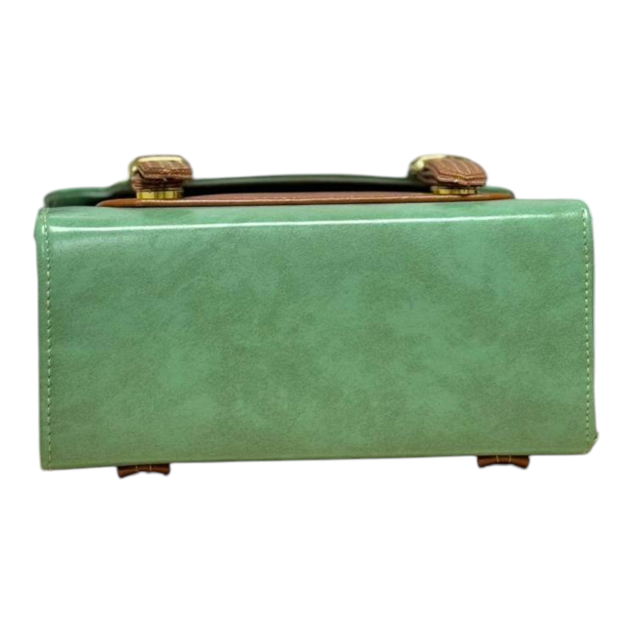 Handmade French Vegan Leather Backpack – Sage Green & Caramel Brown with Gold Hardware (21x 20×10 cm)