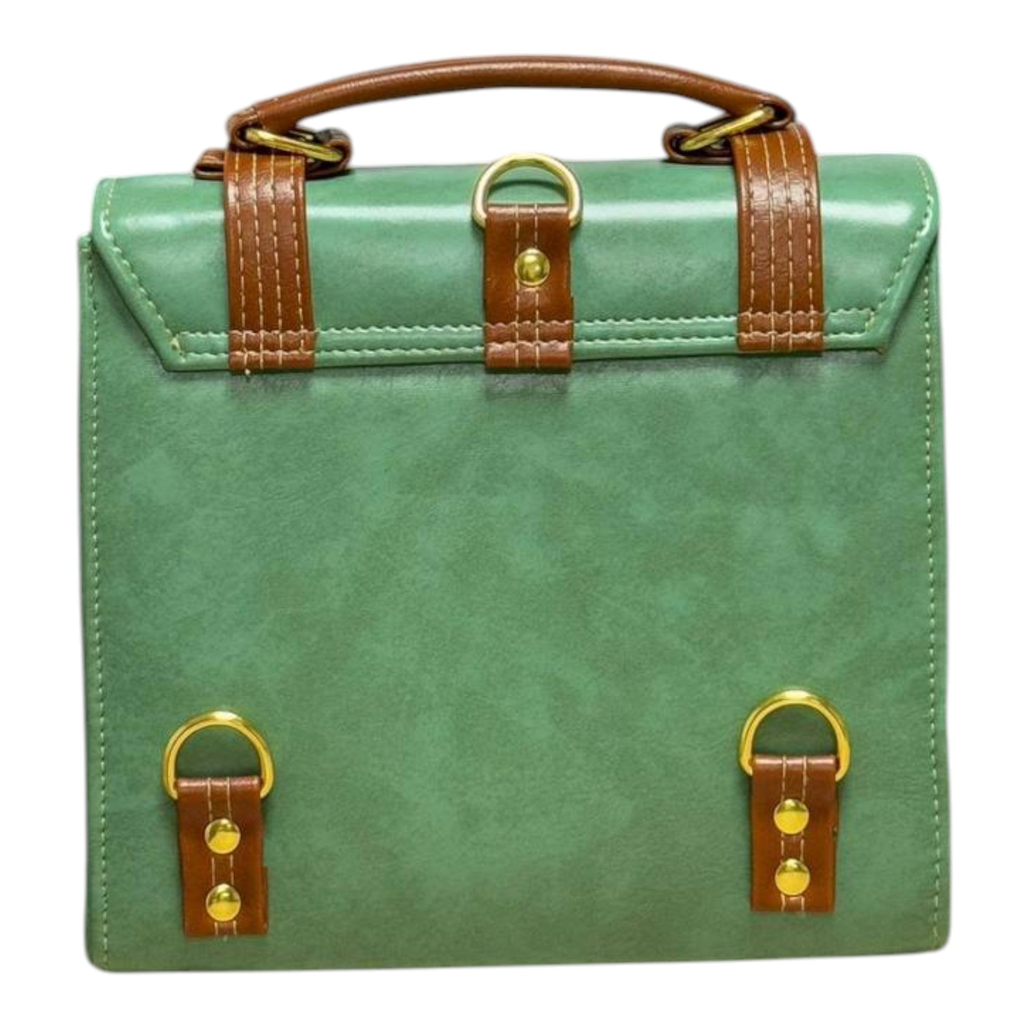 Handmade French Vegan Leather Backpack – Sage Green & Caramel Brown with Gold Hardware (21x 20×10 cm)