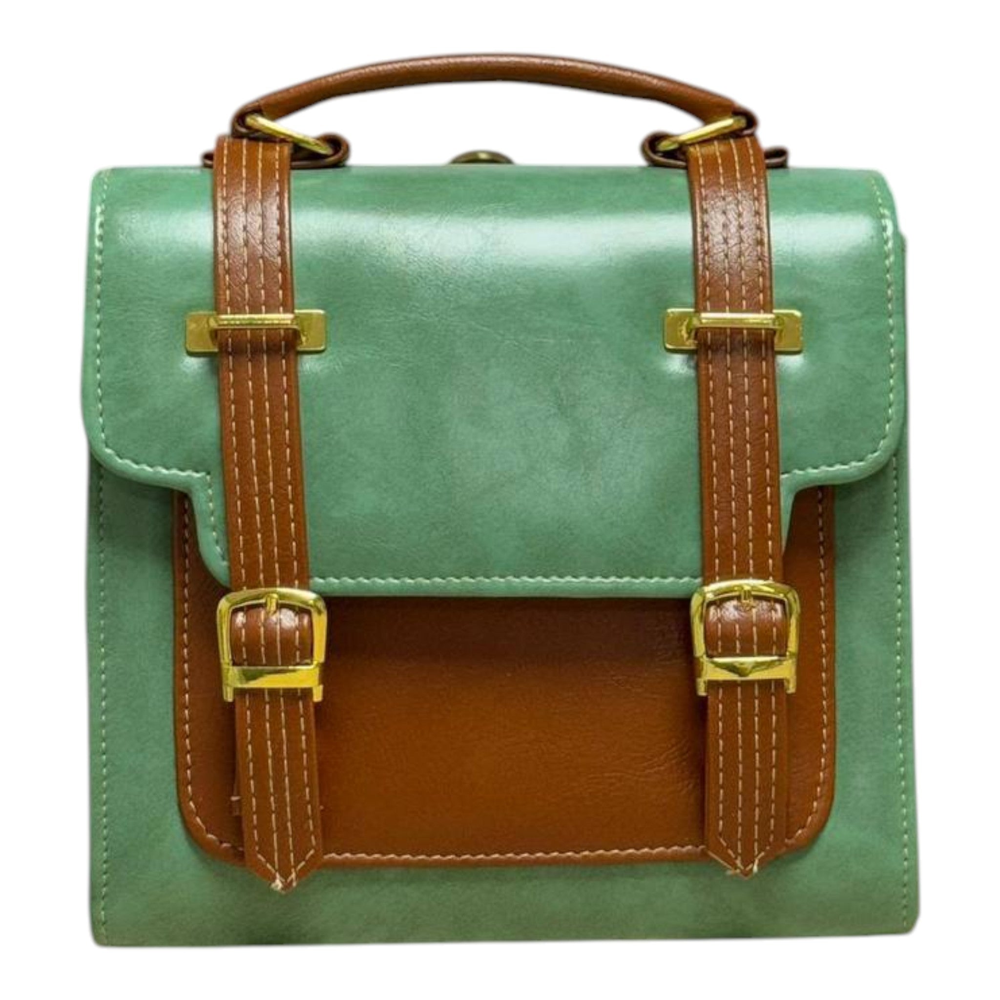 Handmade French Vegan Leather Backpack – Sage Green & Caramel Brown with Gold Hardware (21x 20×10 cm)