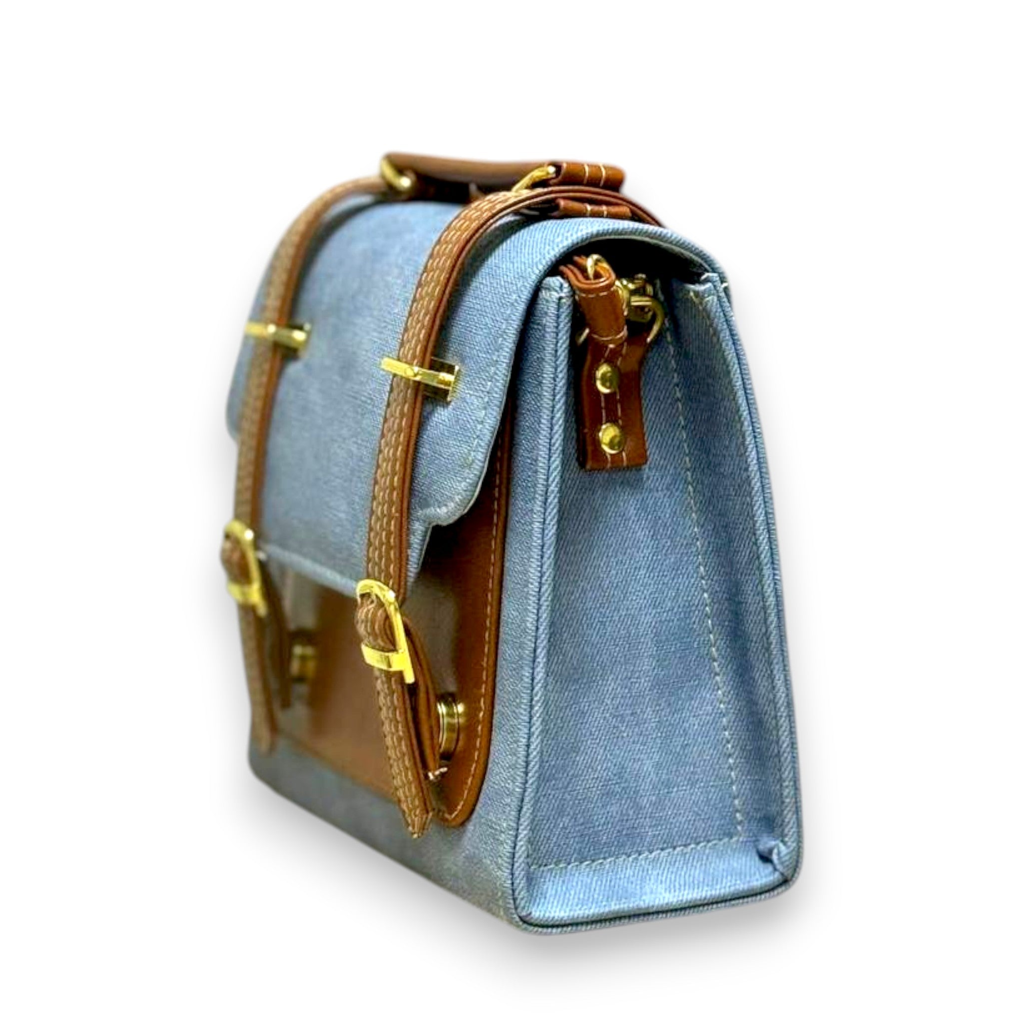 Handmade French Vegan Leather Backpack – Blue Canvas & Tan Trim (21x 20×10 cm)