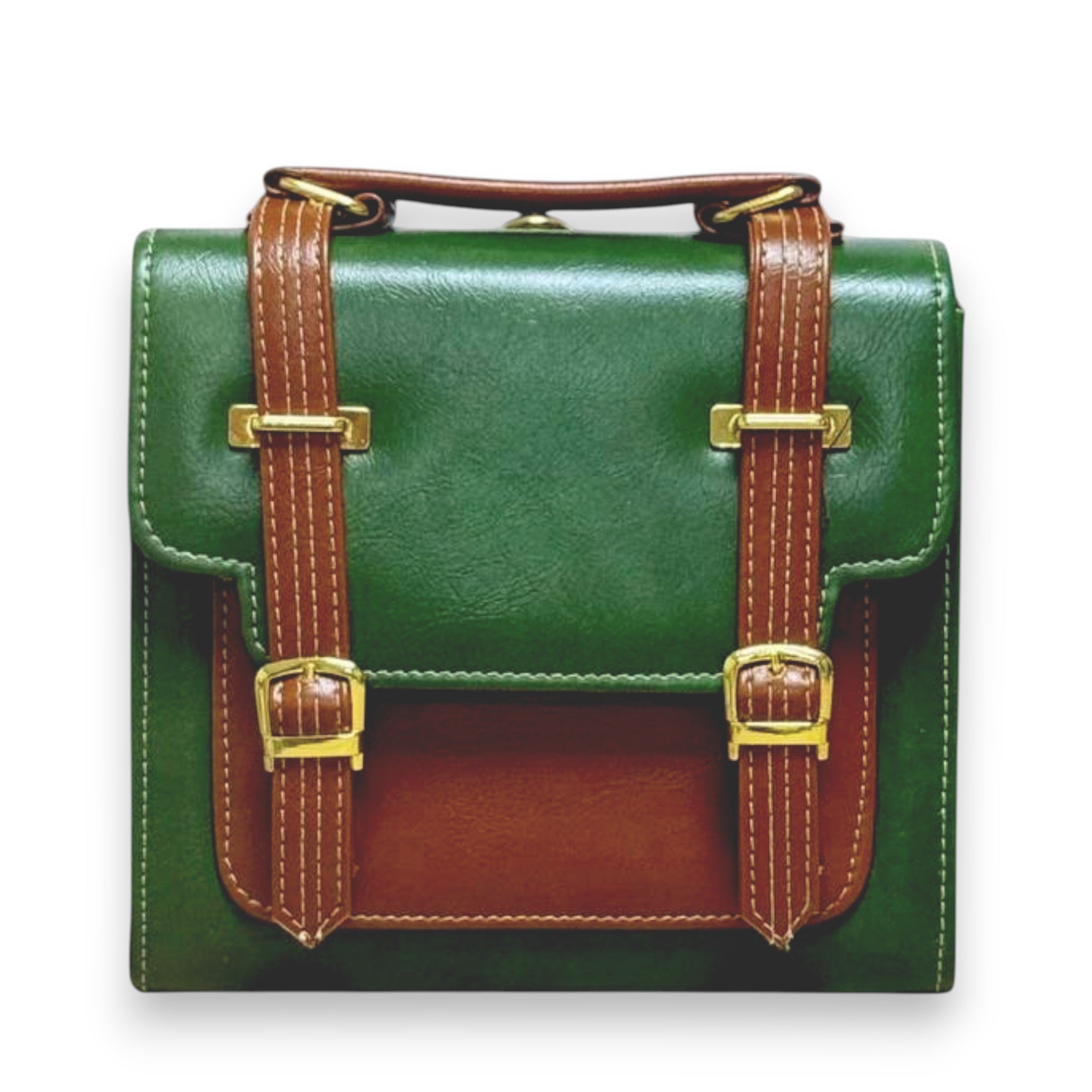 Handmade French Vegan Leather Backpack – Green& Brown with Gold Hardware (21x 20×10 cm)