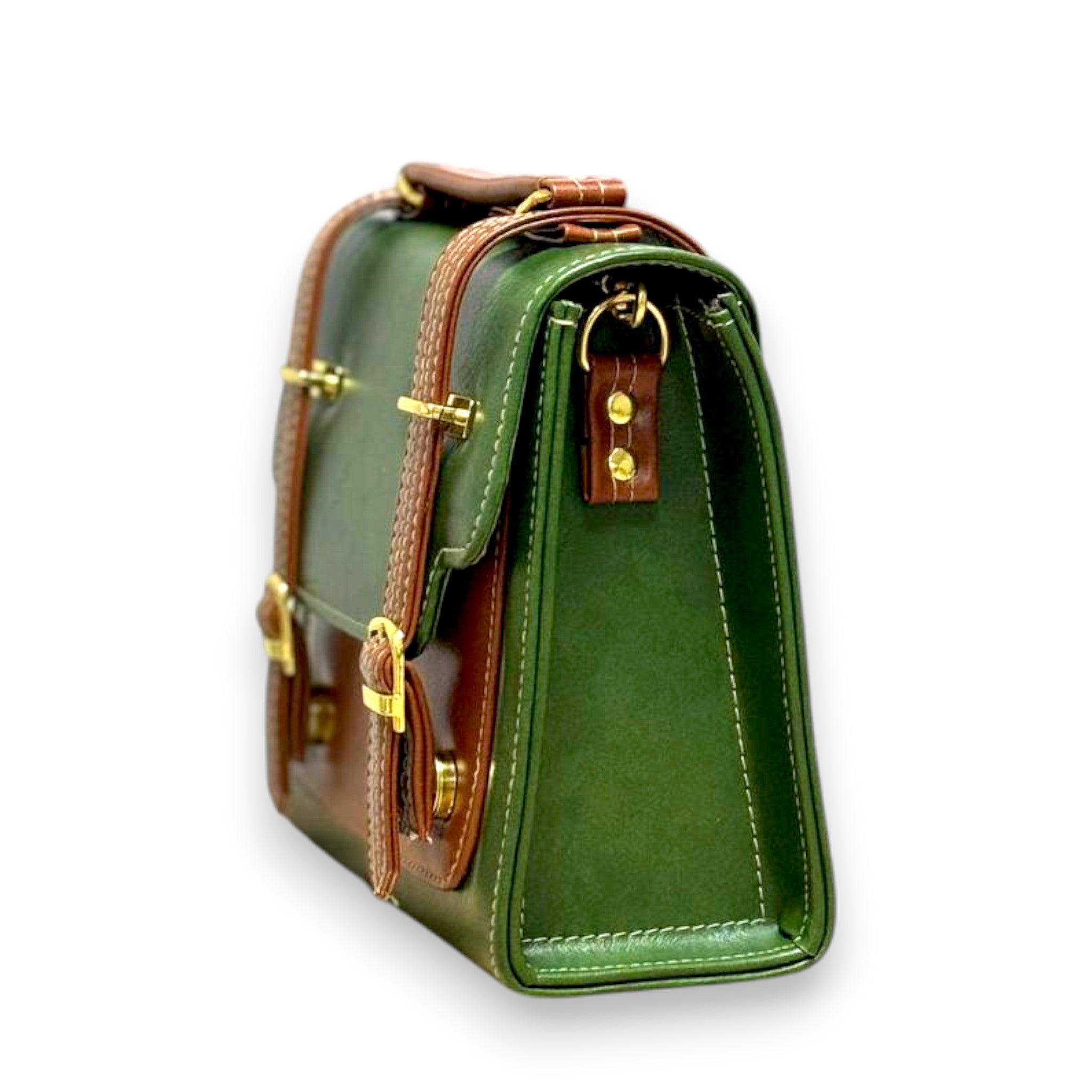 Handmade French Vegan Leather Backpack – Green& Brown with Gold Hardware (21x 20×10 cm)