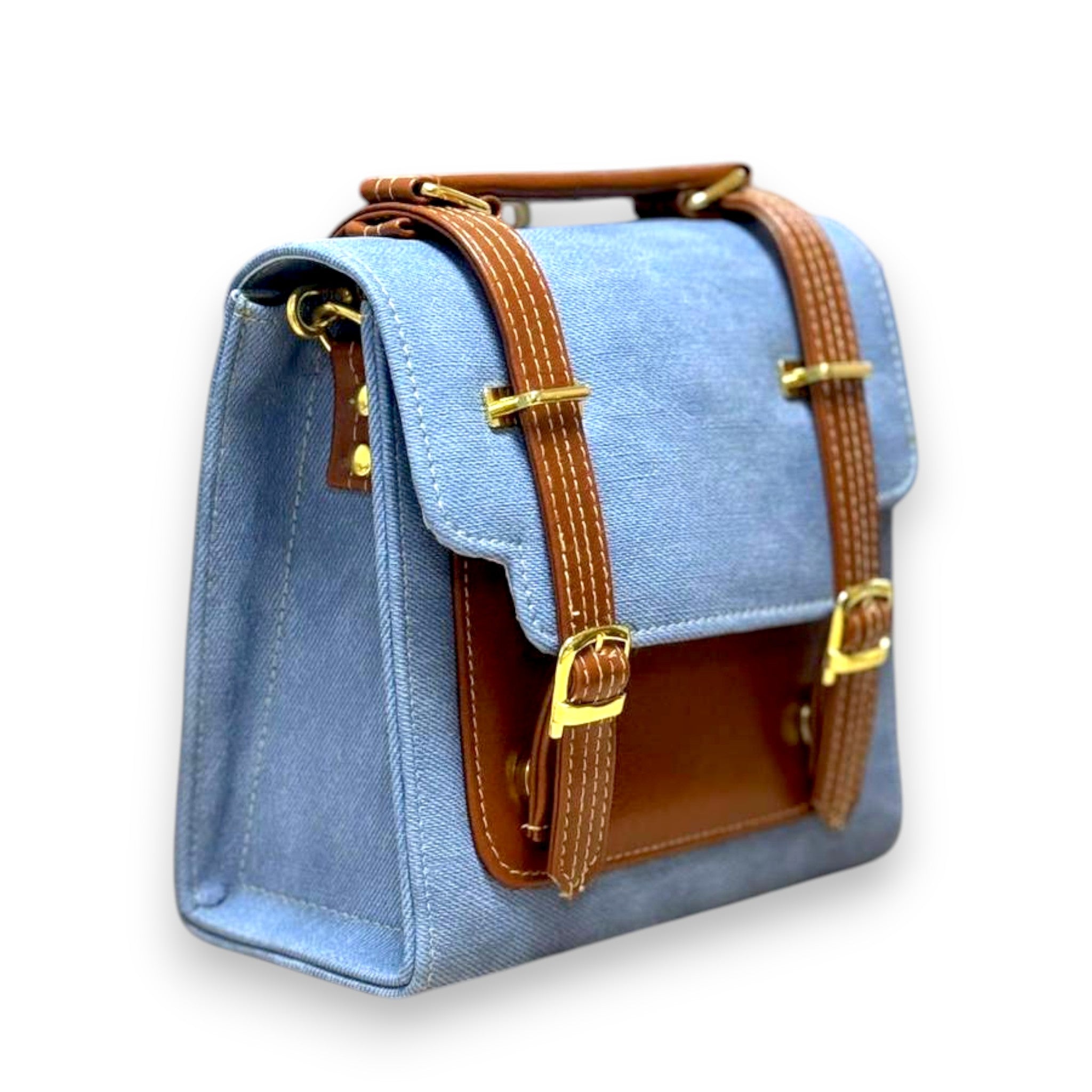 Handmade French Vegan Leather Backpack – Blue Canvas & Tan Trim (21x 20×10 cm)