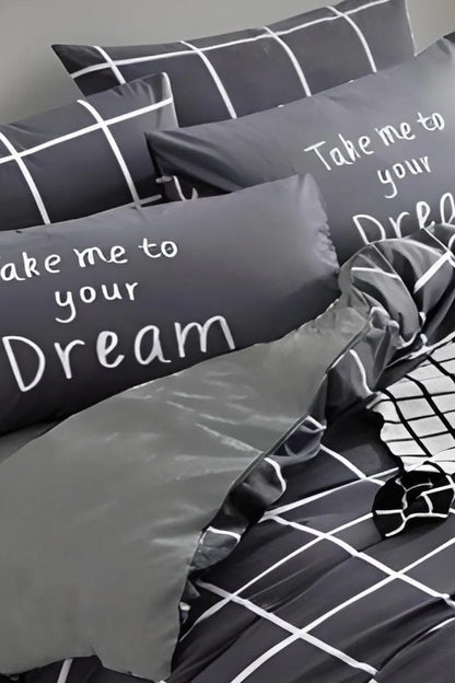 Modern Black & White Grid Double Sided Bedding Set - "Take Me to Your Dream" | Soft & Stylish Single Duvet Cover with Fitted Sheet