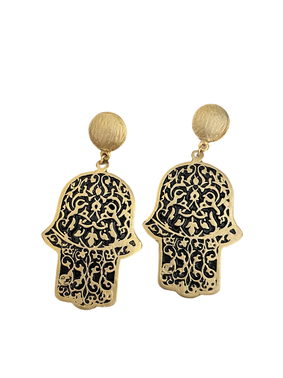 a pair of gold earrings with a hamsah design