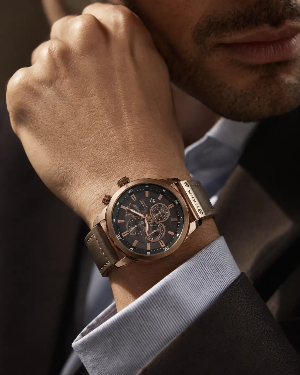 Mens Quartz Chronograph Watch Leather Limited Edition by Adornity