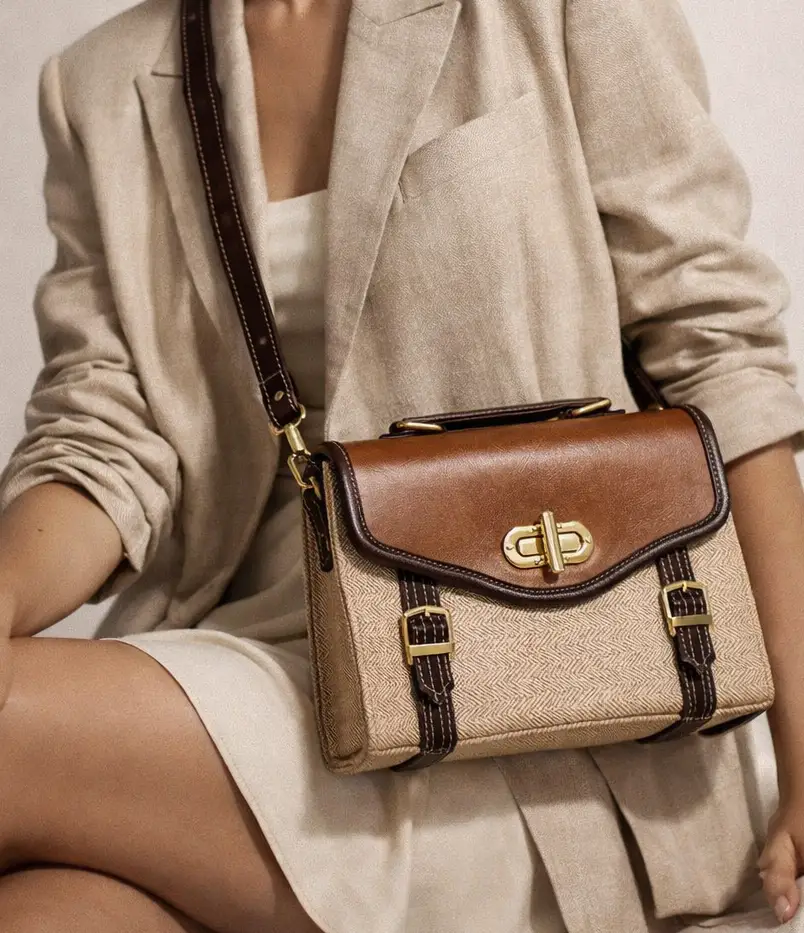 Canvas Leather Satchel – Vintage Brown Vegan Leather Bag With Gold Buckle by navichi