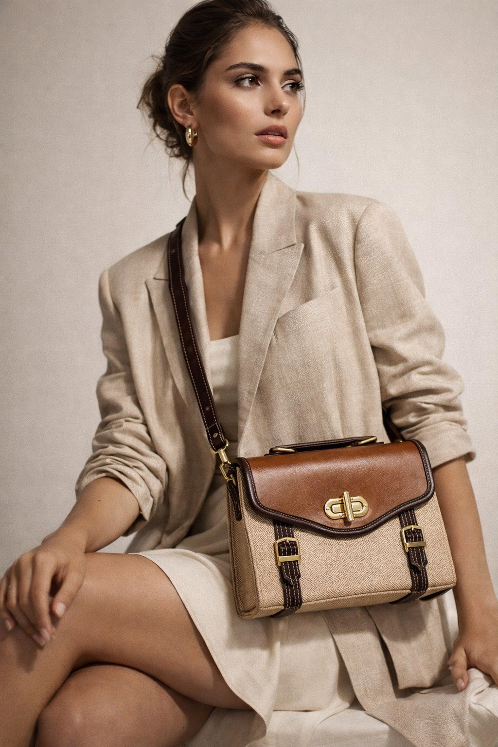 Classic Canvas & Leather Satchel Bag – Vintage Brown and Beige