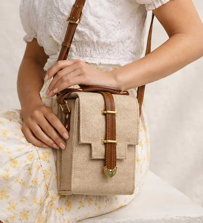 Vegan Leather Handbag – Handmade Beige Crossbody Bag With Gold Accent, Compact by navichi