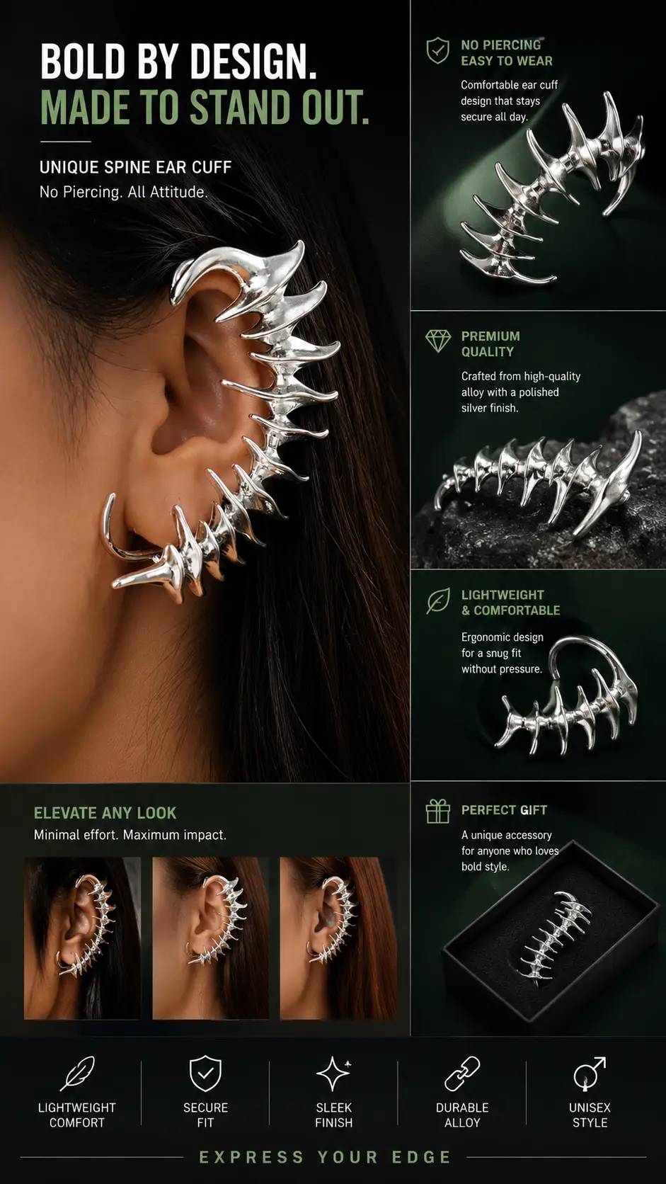 Ear Clip Sterling Silver Gothic Skeleton Spike Exclusive by Adornity