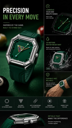 Quartz Watch Stainless Steel Square Case Green Billiards Collection Elite For Men by Adornity