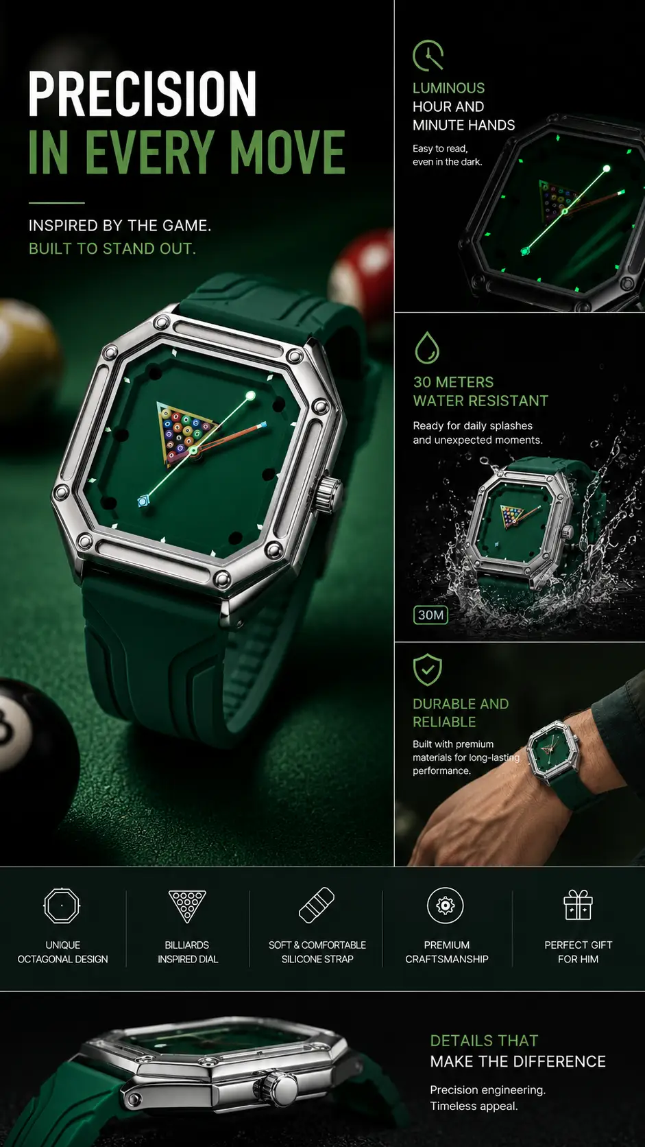 Quartz Watch Stainless Steel Square Case Green Billiards Collection Elite For Men by Adornity