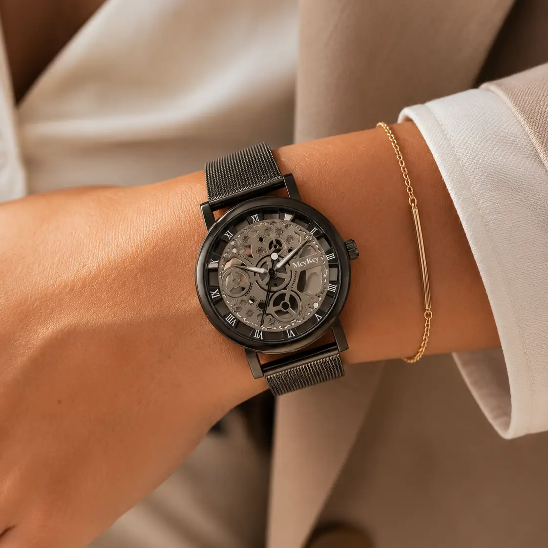 Skeleton Watch With Metal Mesh Band Exclusive Collection Faux Mechanical Quartz by Adornity