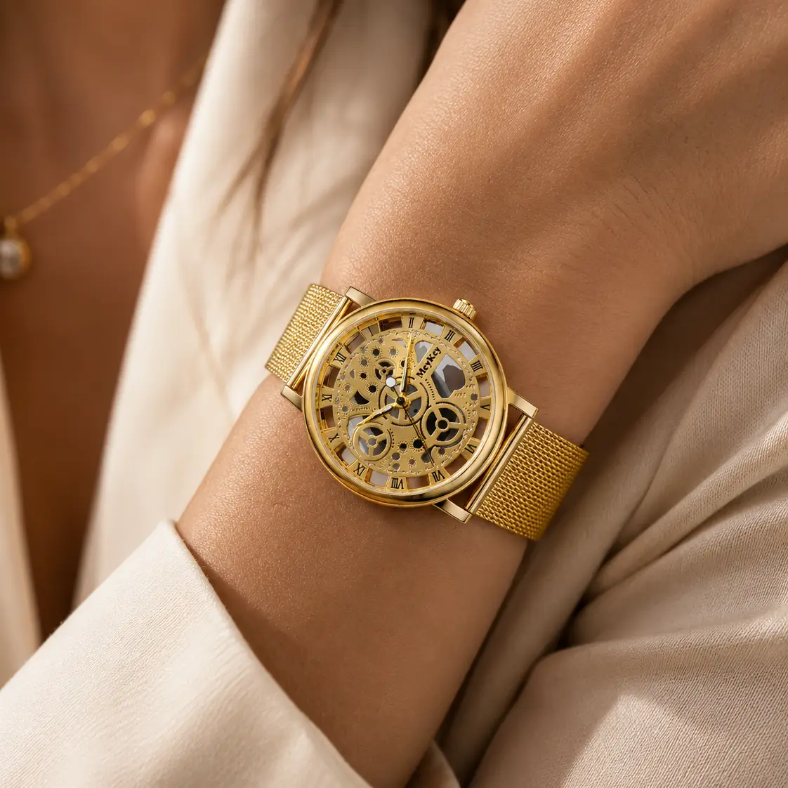 Skeleton Watch With Metal Mesh Band Exclusive Collection Faux Mechanical Quartz by Adornity