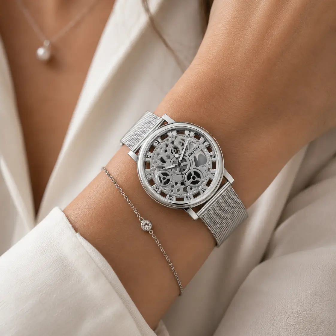 Skeleton Watch With Metal Mesh Band Exclusive Collection Faux Mechanical Quartz by Adornity