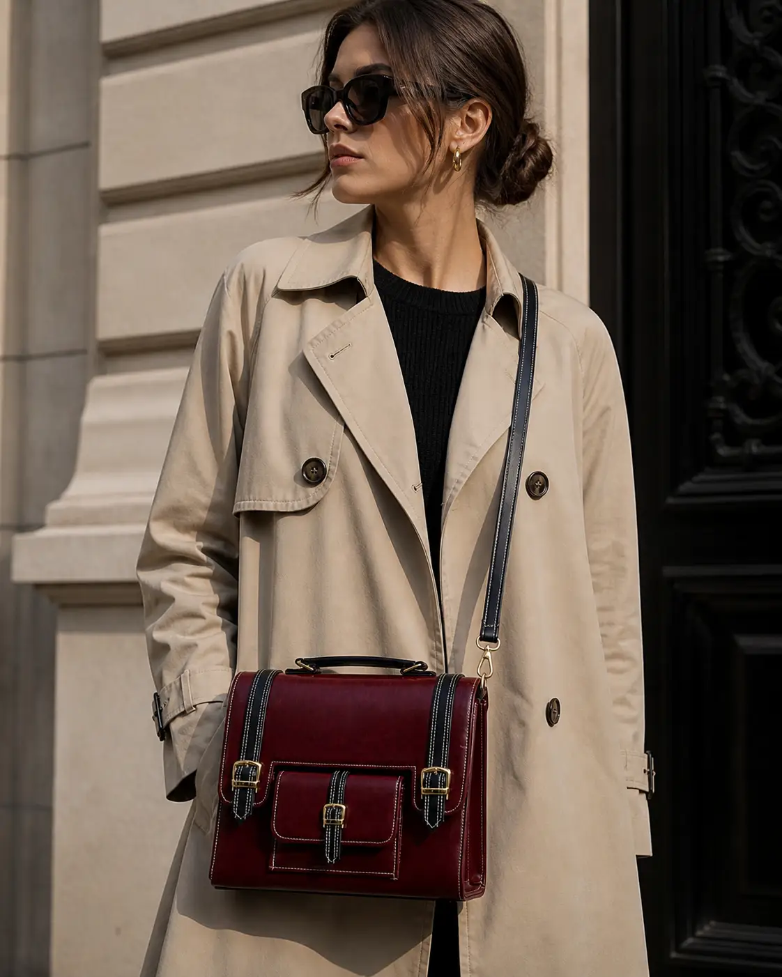 Vegan Leather Satchel Burgundy Limited Gold Buckle by navichi