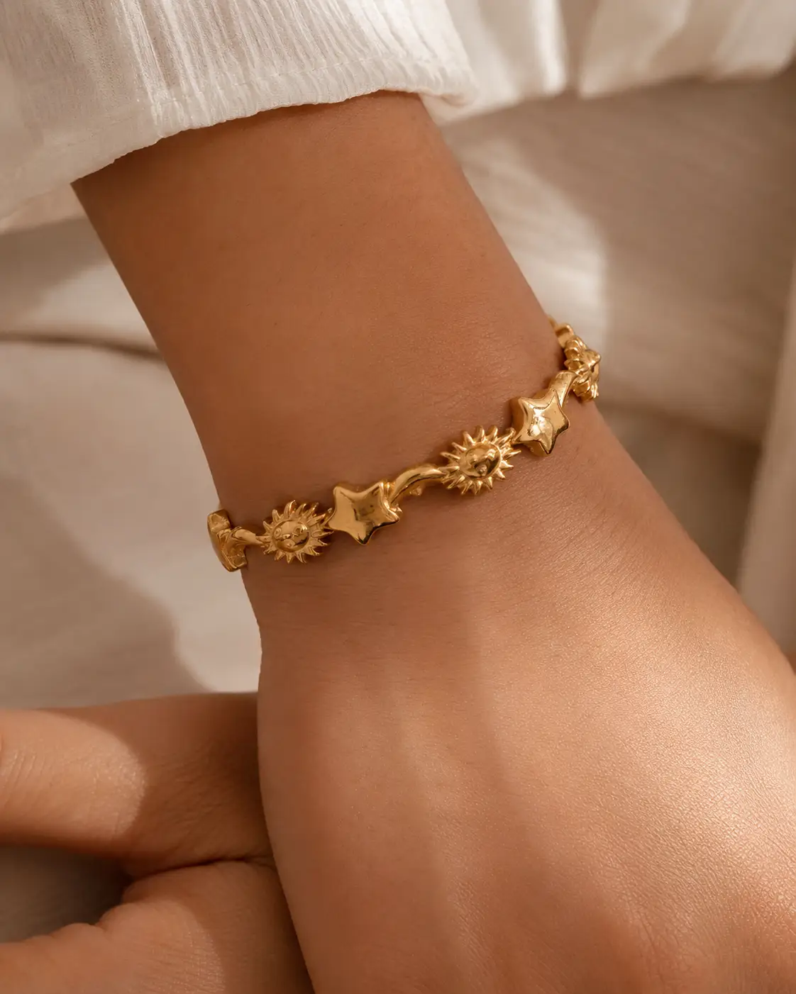 Cuff Bracelet 18K Gold Plated Stainless Steel Stars Moon Universe Limited by Adornity