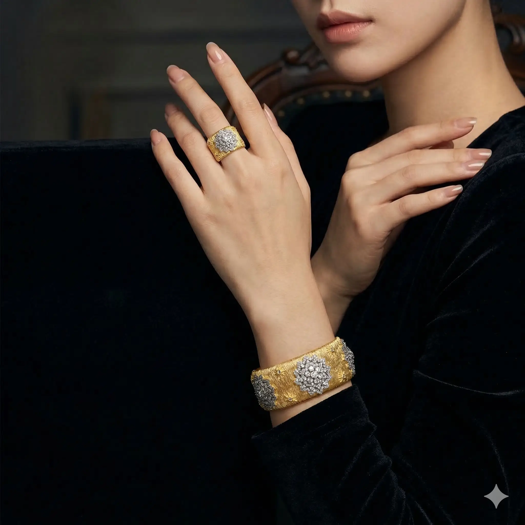 Gold Plated Bracelet – Cubic Zirconia Ring & Flower Pattern Vintage Copper Bangles Set by Adornity
