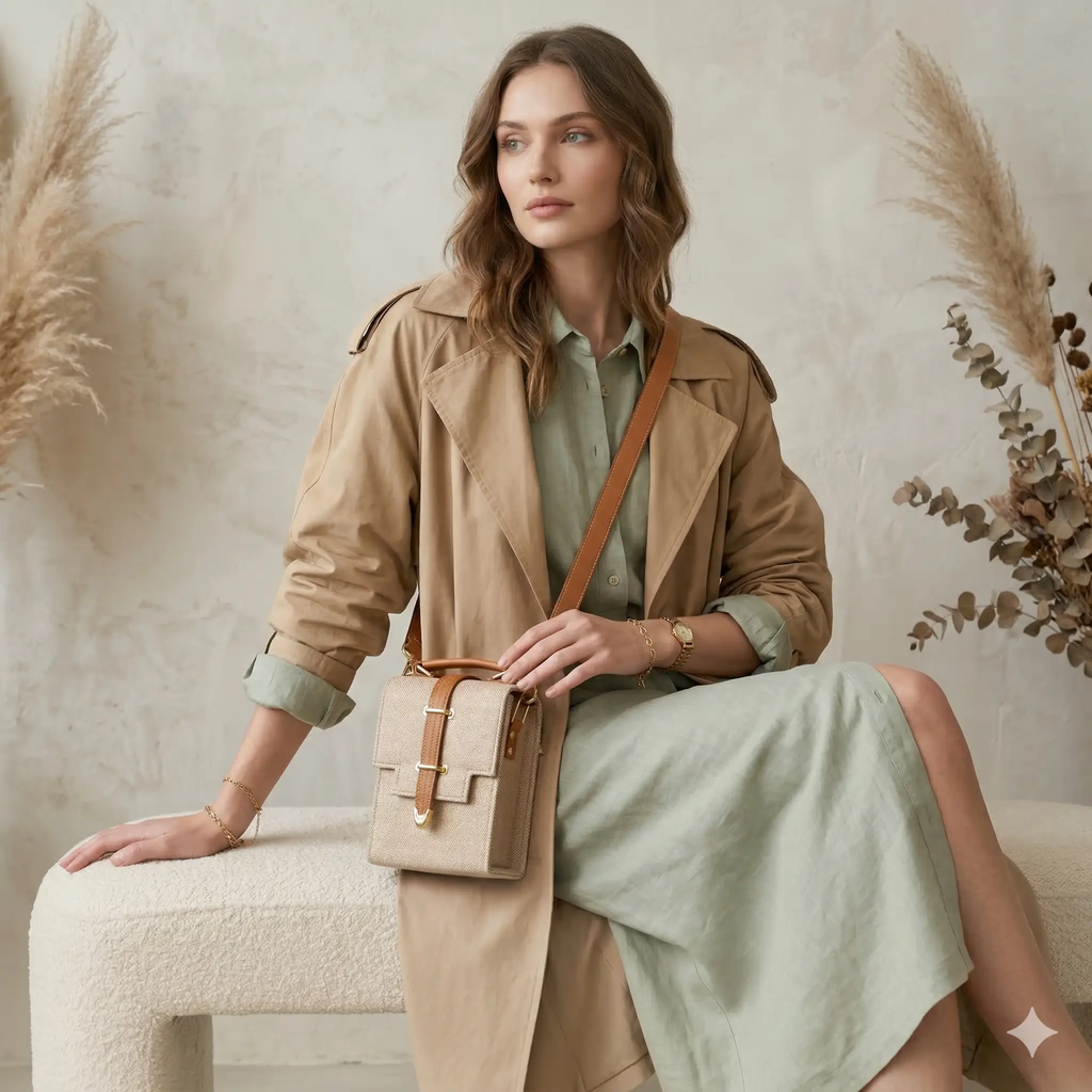 Vegan Leather Handbag – Handmade Beige Crossbody Bag With Gold Accent, Compact by navichi