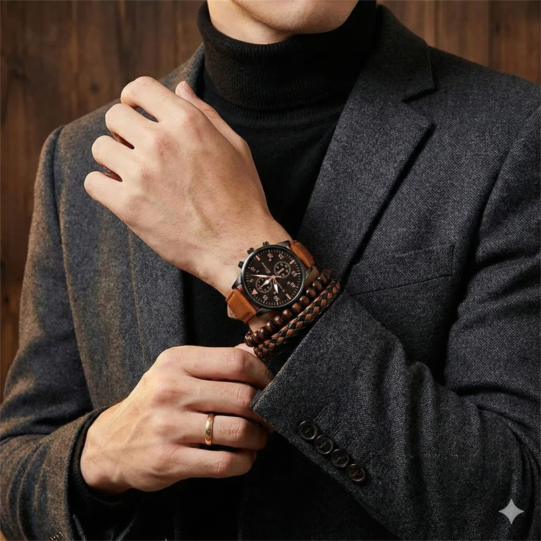 Men Leather Watch - Luxury Quartz Wristwatch With Brown Leather Band & Bracelet Set
