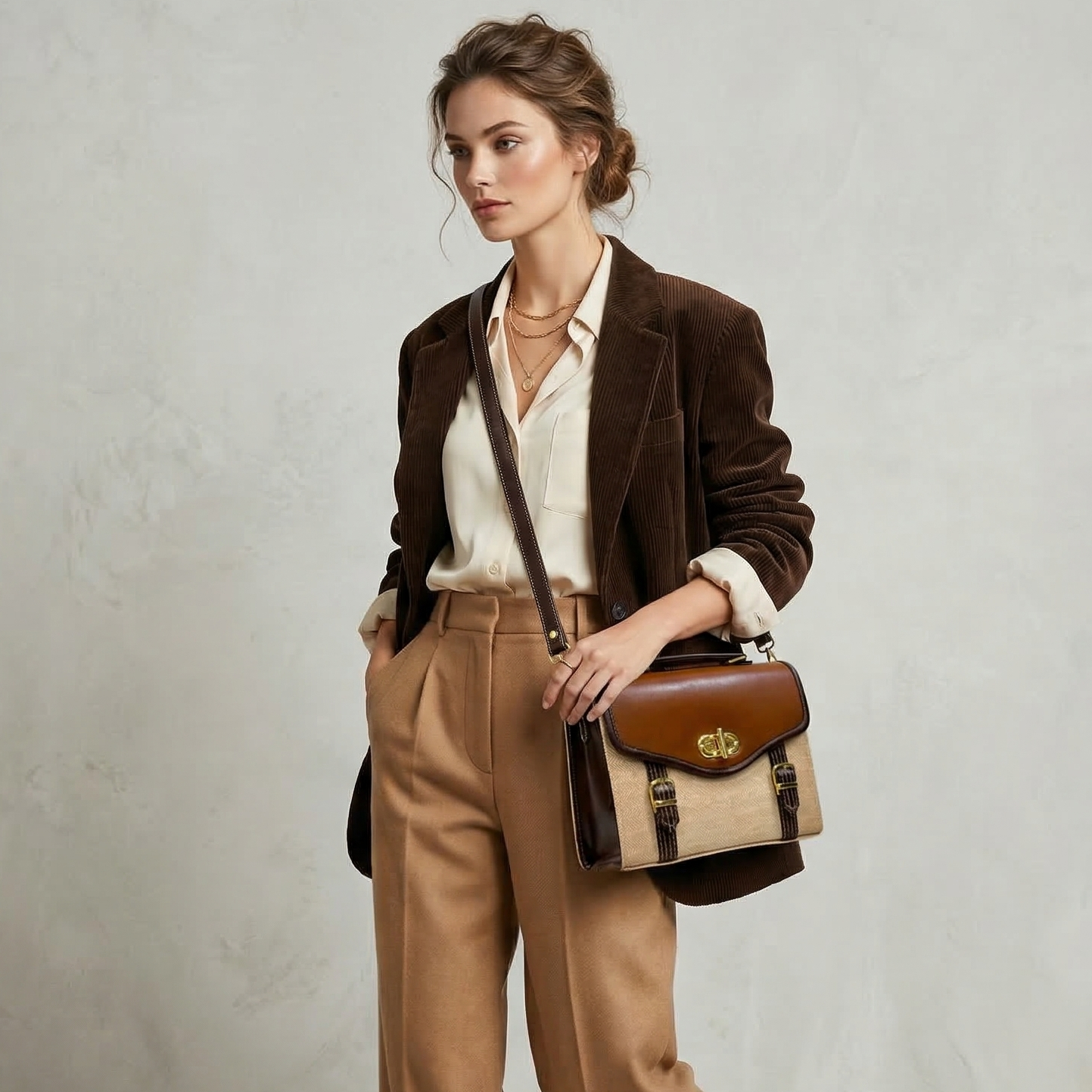Classic Canvas & Leather Satchel Bag – Vintage Brown and Beige