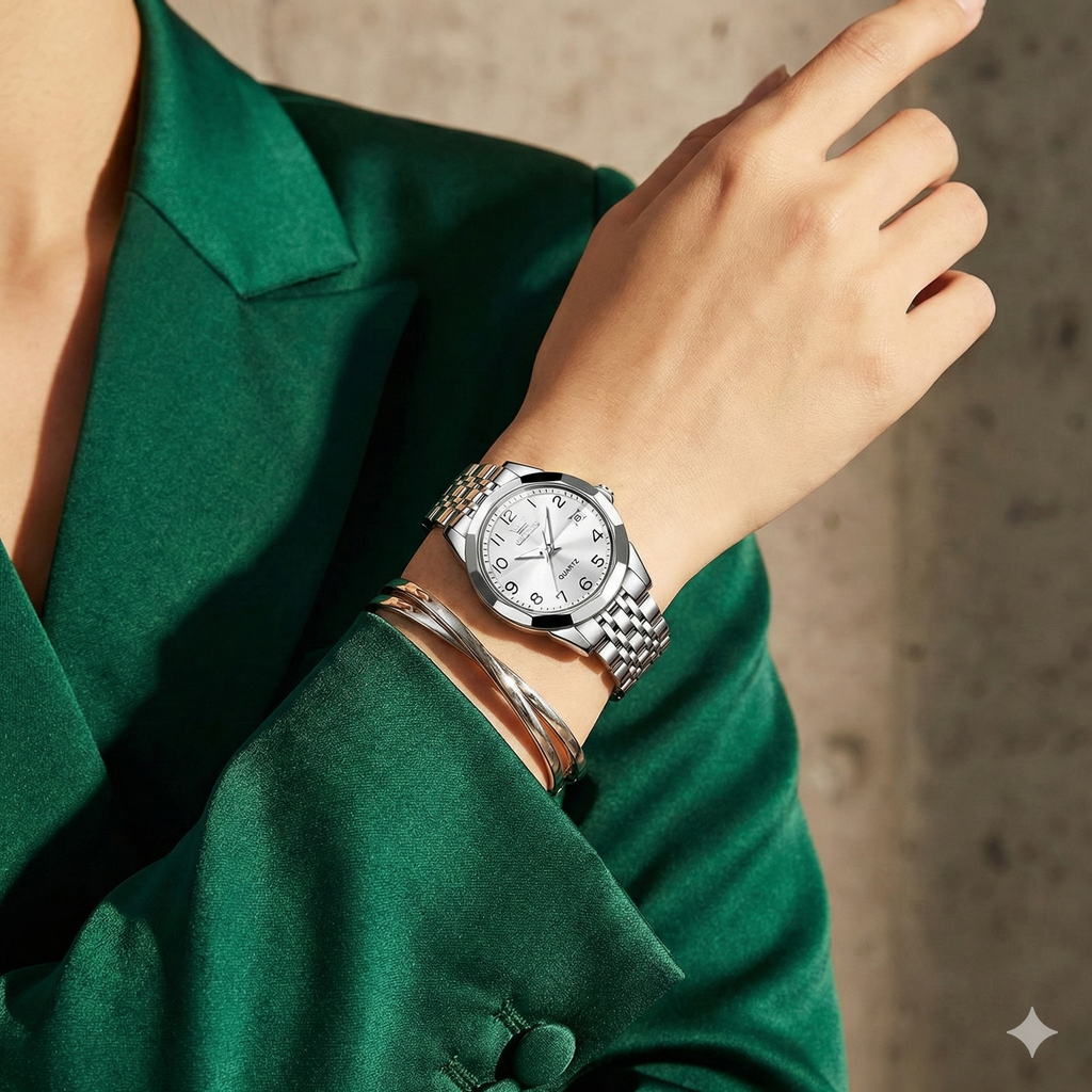 Luxury Quartz Watch - OLEVS Women's Stainless Steel Wristwatch with Digital Dial Calendar