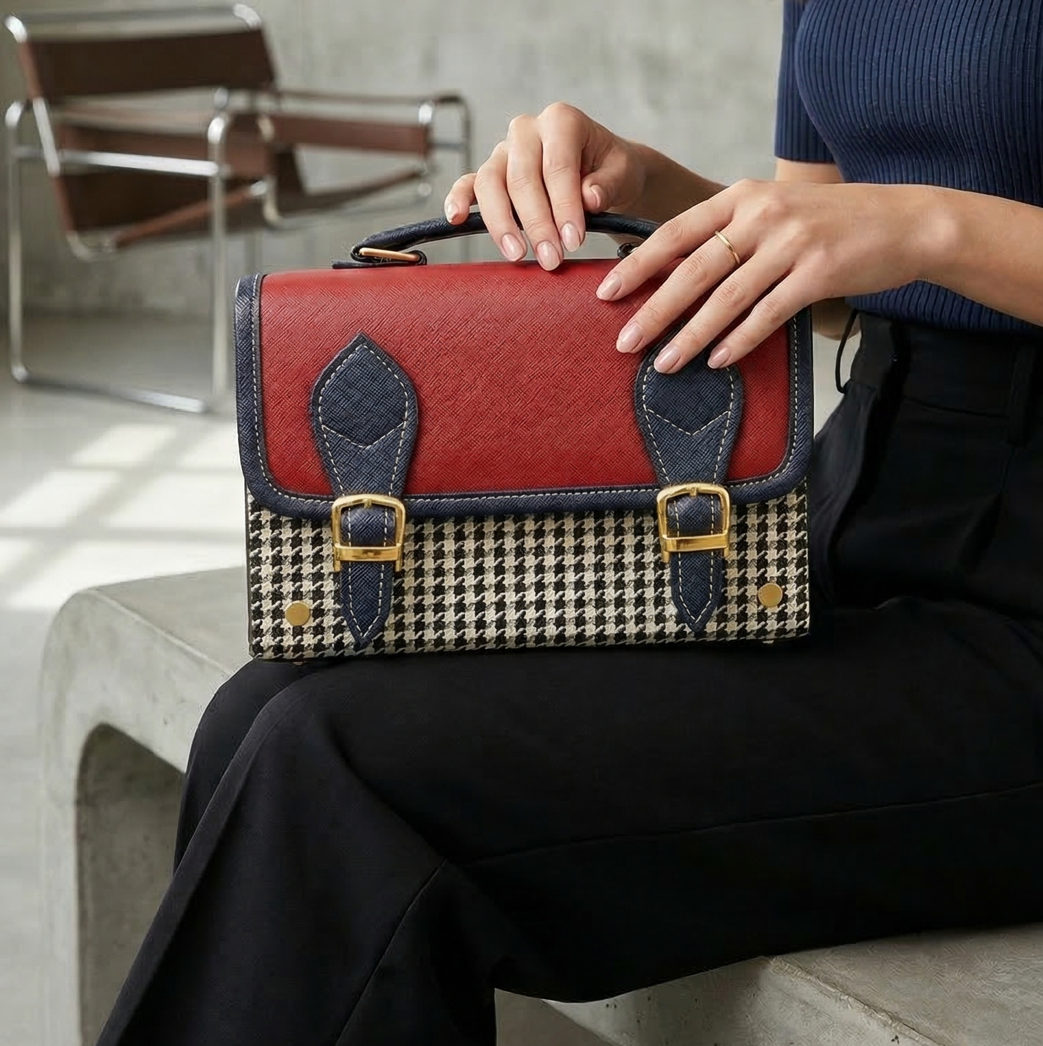 Vegan Leather Handbag – Handmade French Red Houndstooth Bag with Navy Buckle Straps
