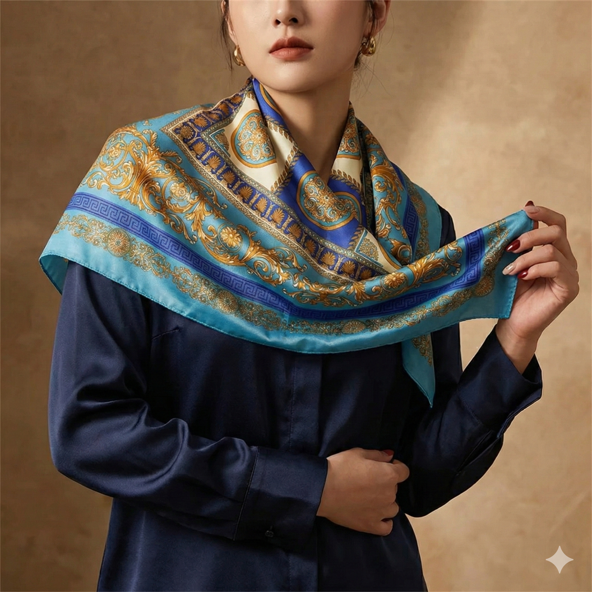 Women's Silk Scarf - 70x70cm Square Printed Pashmina Shawl With Plaid Pattern