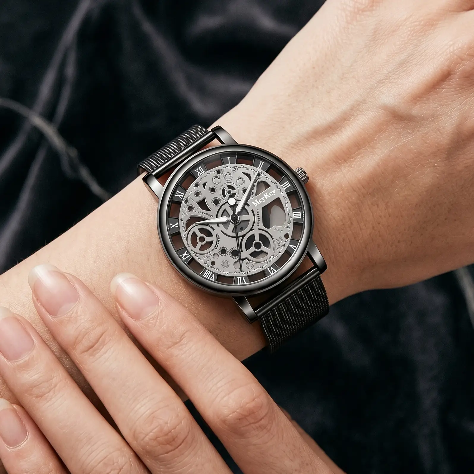 Skeleton Watch With Metal Mesh Band Exclusive Collection Faux Mechanical Quartz by Adornity
