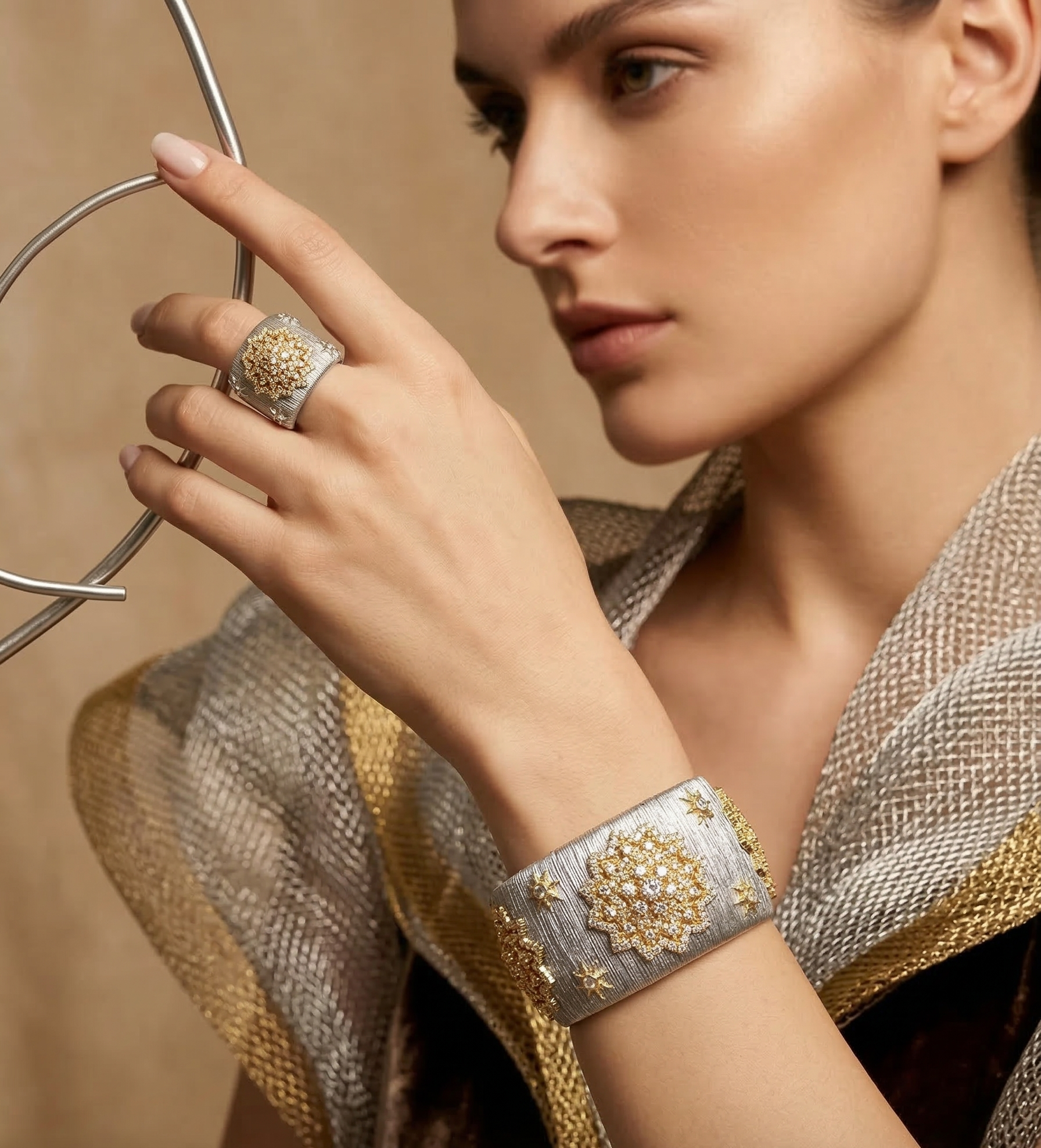 Gold Plated Bracelet – Cubic Zirconia Ring & Flower Pattern Vintage Copper Bangles Set