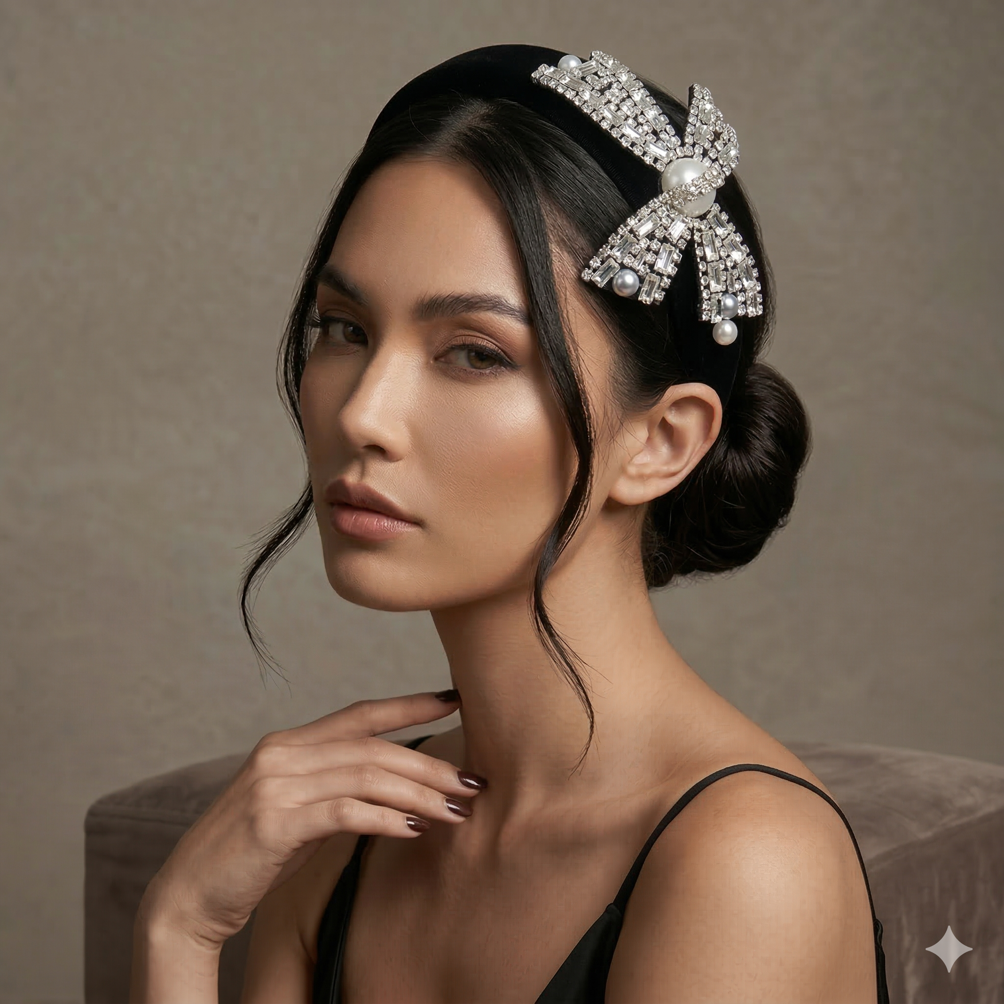 Diamond Bow Headband - Flannel Fabric Rhinestone Band