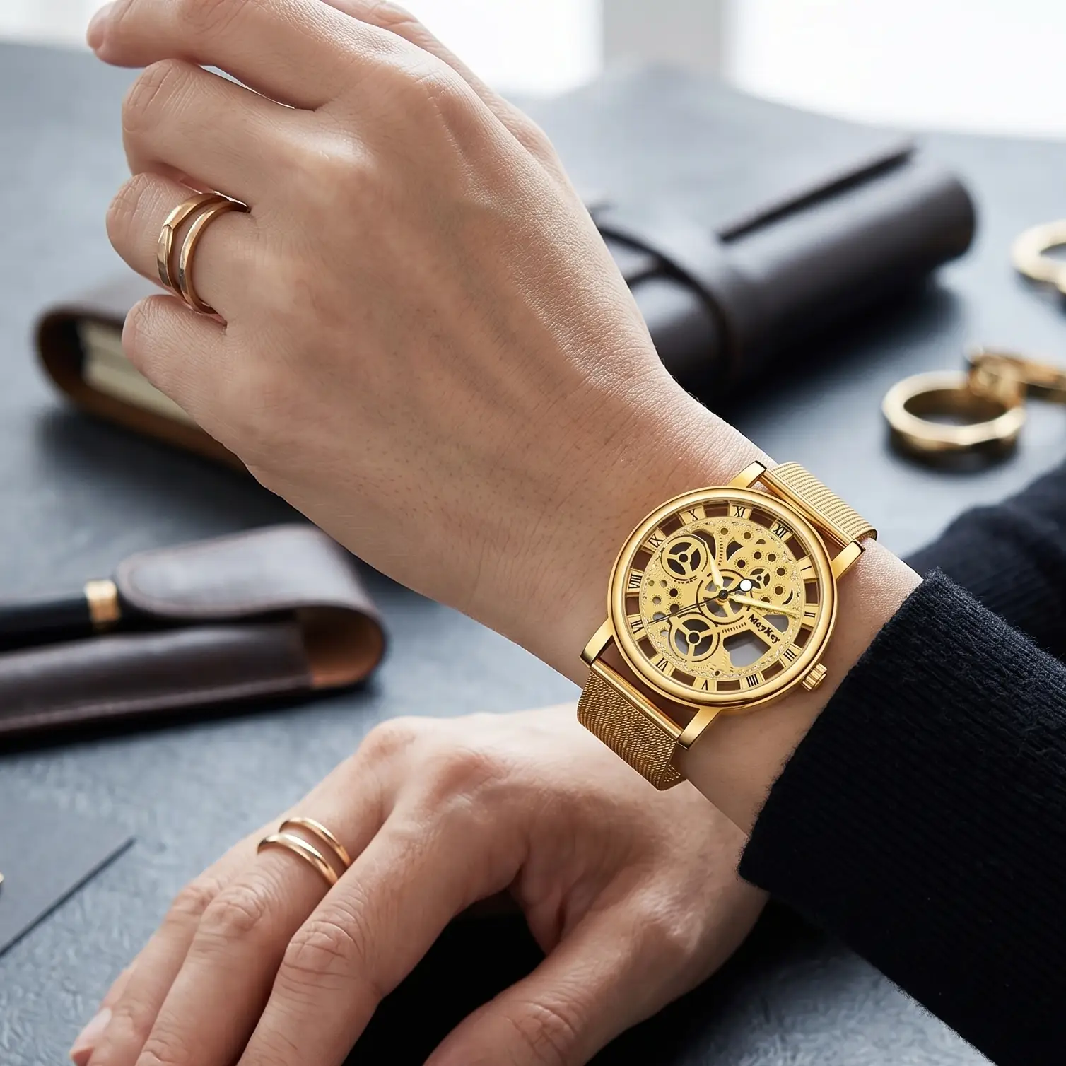 Skeleton Watch With Metal Mesh Band Exclusive Collection Faux Mechanical Quartz by Adornity