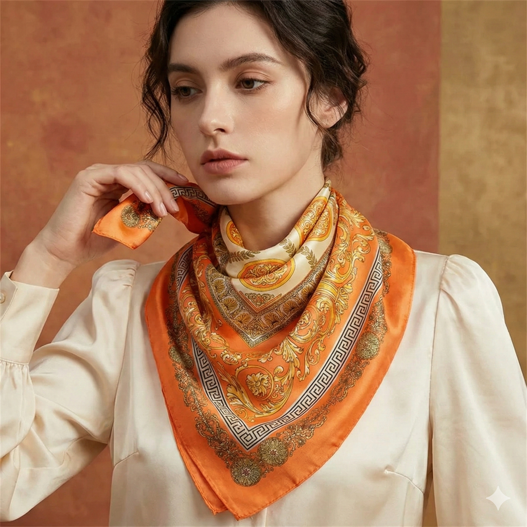 Women's Silk Scarf - 70x70cm Square Printed Pashmina Shawl With Plaid Pattern