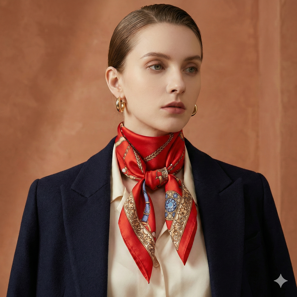 Women's Silk Scarf - 70x70cm Square Printed Pashmina Shawl With Plaid Pattern