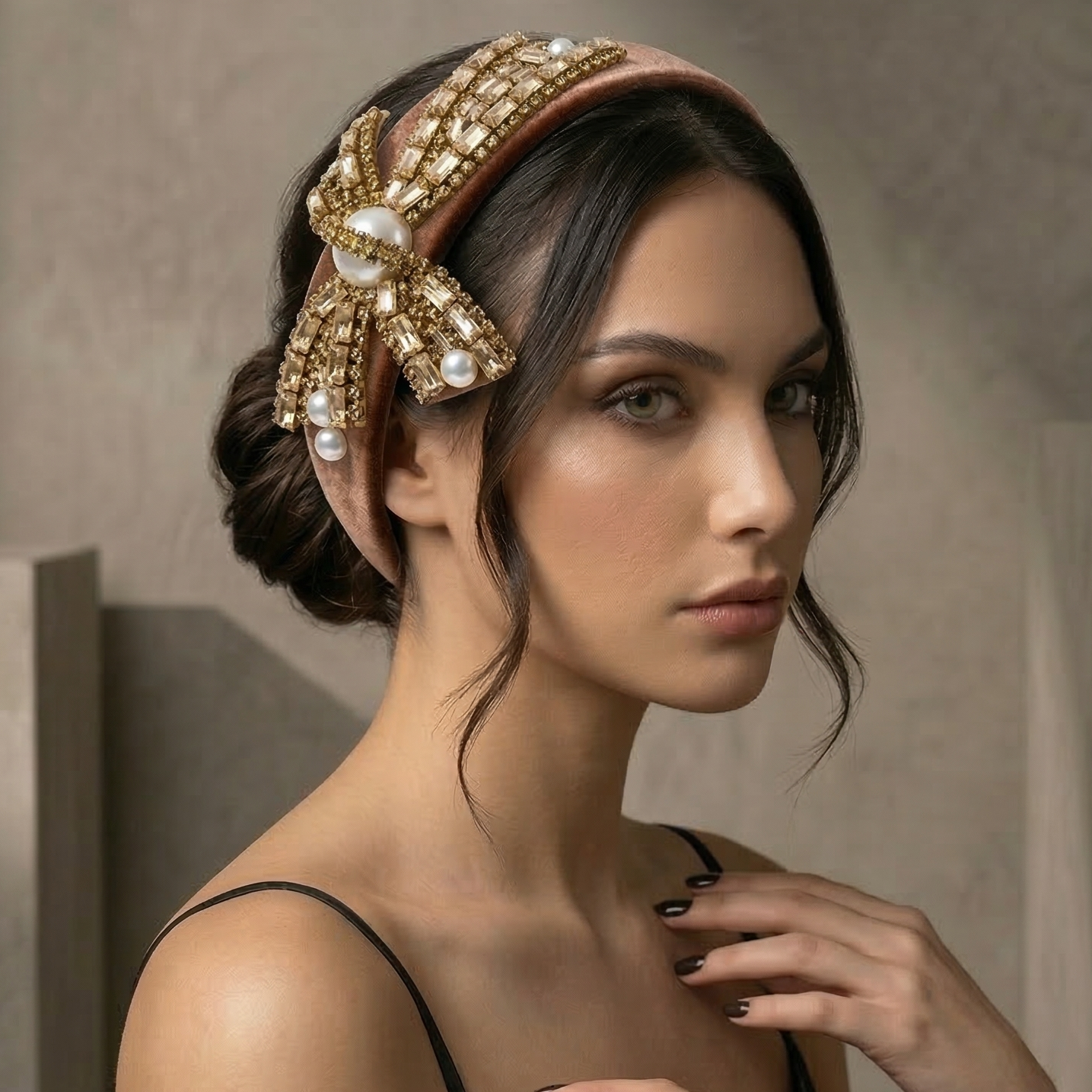 Diamond Bow Headband - Flannel Fabric Rhinestone Band