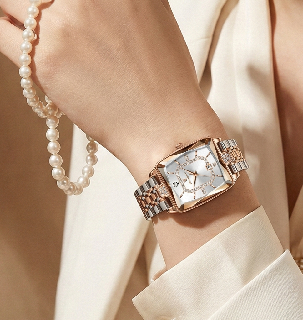 Luxury Women's Watch - Waterproof Stainless Steel Rectangle Calendar Quartz Timepiece