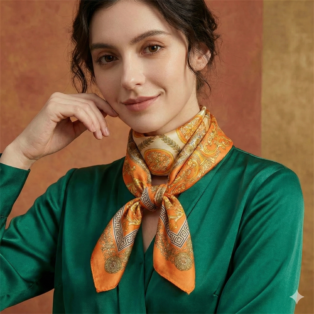 Women's Silk Scarf - 70x70cm Square Printed Pashmina Shawl With Plaid Pattern