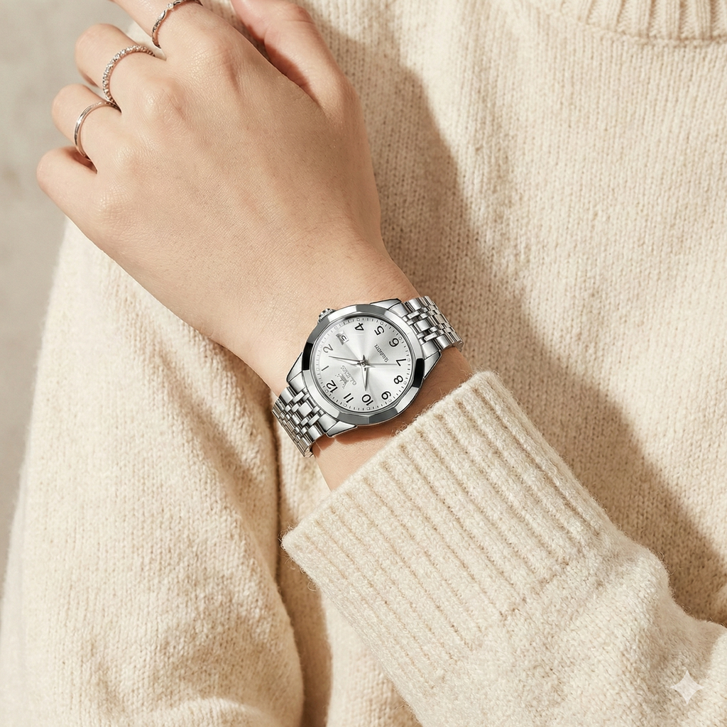 Luxury Quartz Watch - OLEVS Women's Stainless Steel Wristwatch with Digital Dial Calendar
