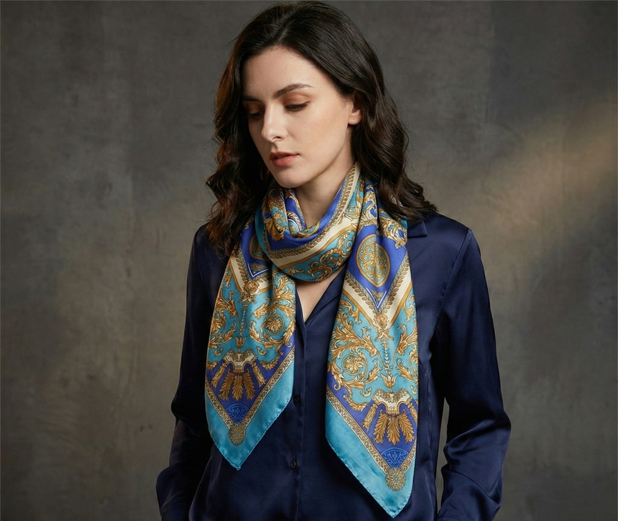 Women's Silk Scarf - 70x70cm Square Printed Pashmina Shawl With Plaid Pattern