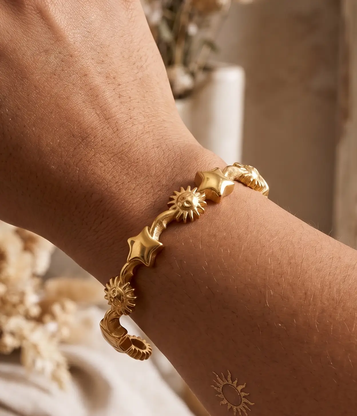 Cuff Bracelet 18K Gold Plated Stainless Steel Stars Moon Universe Limited by Adornity