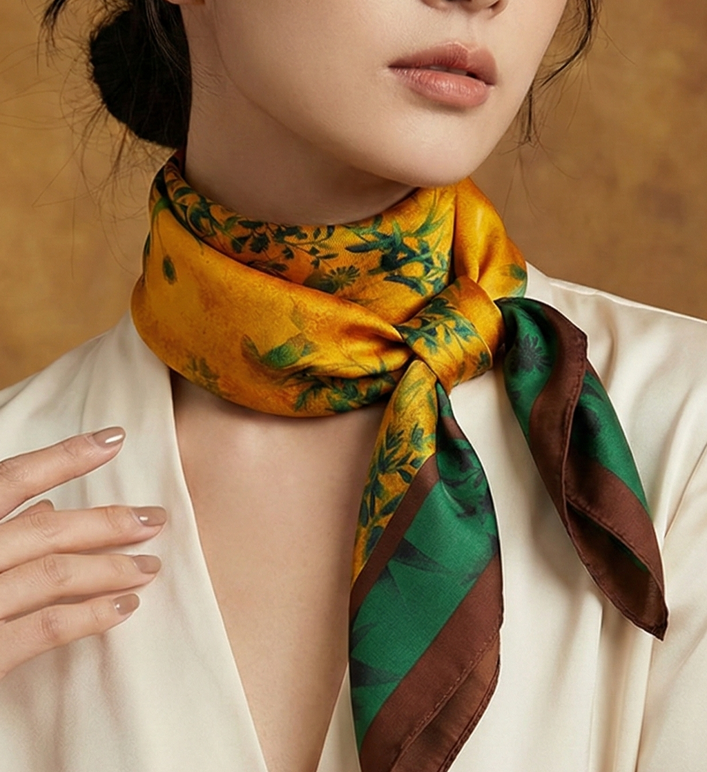 Women's Silk Scarf - 70x70cm Square Printed Pashmina Shawl With Plaid Pattern